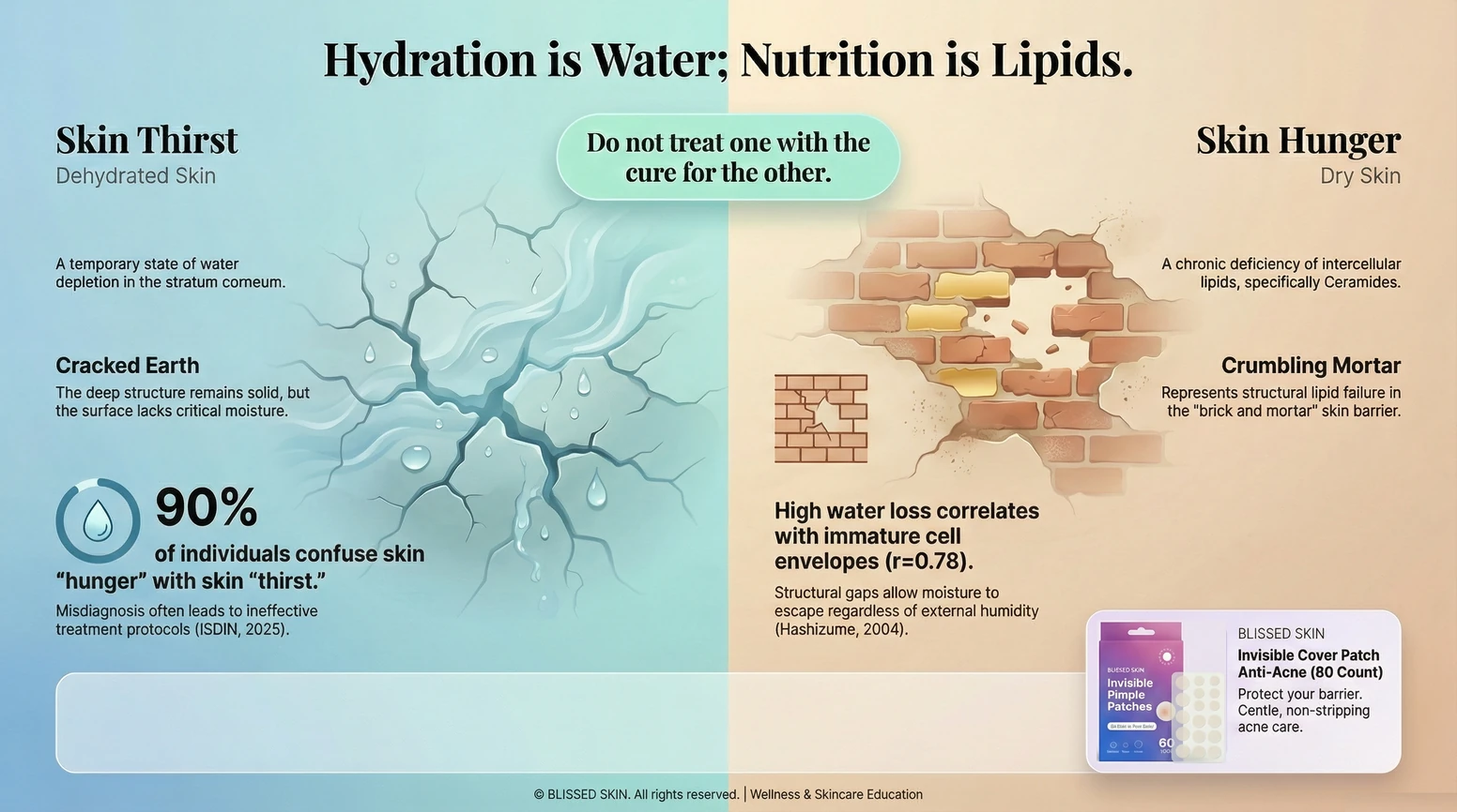 Split-screen infographic contrasting dehydrated skin water loss with dry skin lipid barrier deficiency
