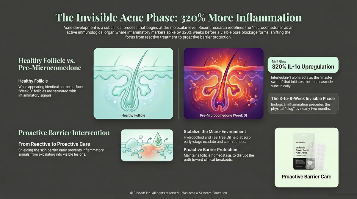 Heatmap infographic showing a 320 percent increase in inflammatory IL-1 alpha markers within subclinical acne follicles